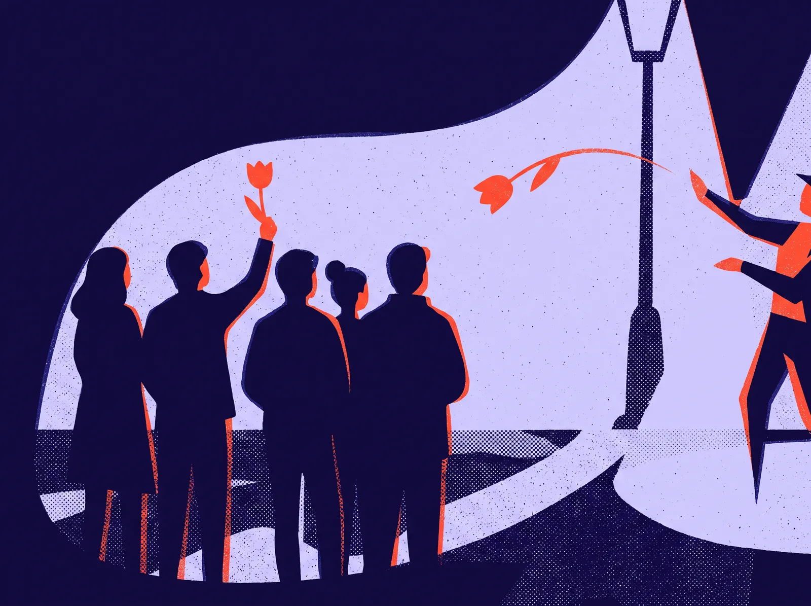 A small crowd seen from behind at the edge of the lamplight; one person throws a red tulip toward the performer.