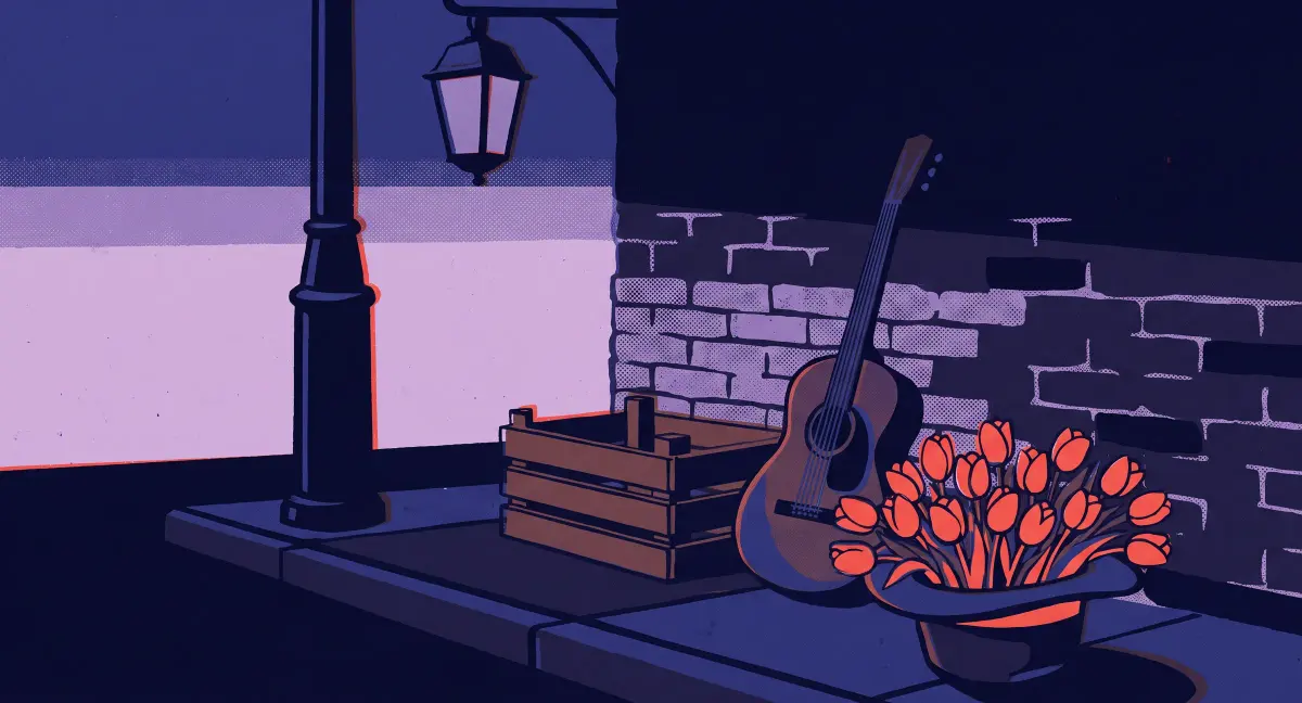 Dawn on the same street corner: the lamp off, an empty crate, a guitar against the wall, a hat full of red tulips.